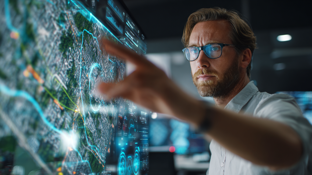 A logistics manager in a modern command center, interacting with a large holographic interface. The interface displays a city map with optimized delivery routes, data analytics, and real-time vehicle tracking. The style is clean, professional, and futuristic, with a shallow depth of field.